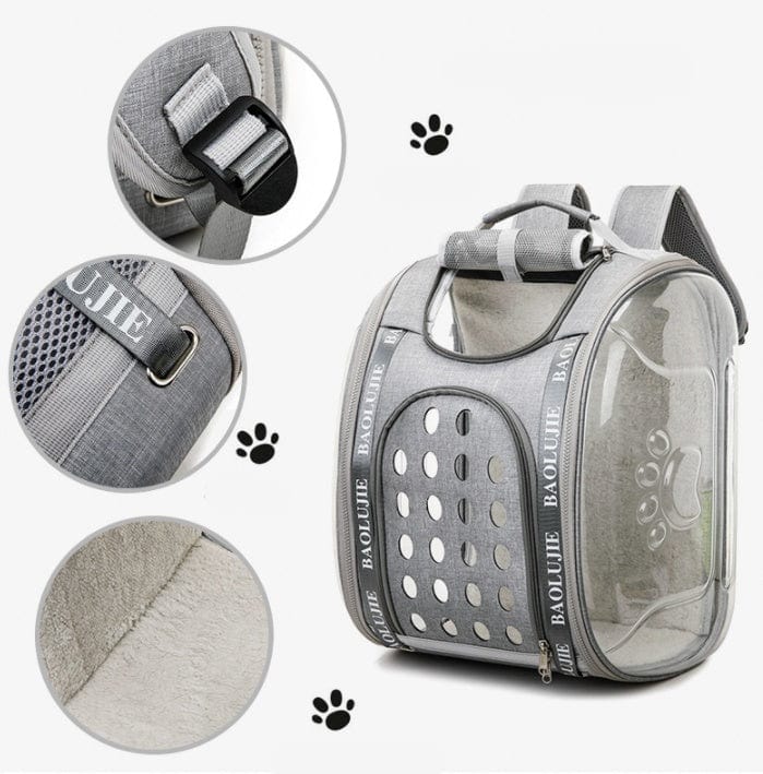Sac à dos pour animaux avec design transparent, idéal pour chats et petits chiens, confort et sécurité en aventure.