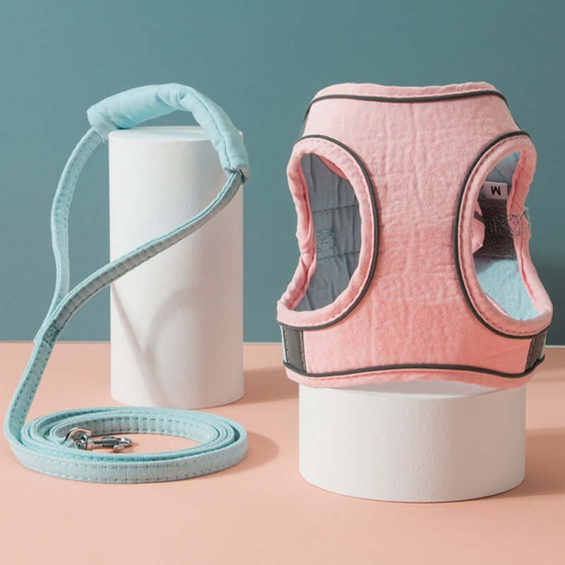 Harnais de traction pour chat en rose avec une laisse bleue, conçu pour un confort et une sécurité optimaux.