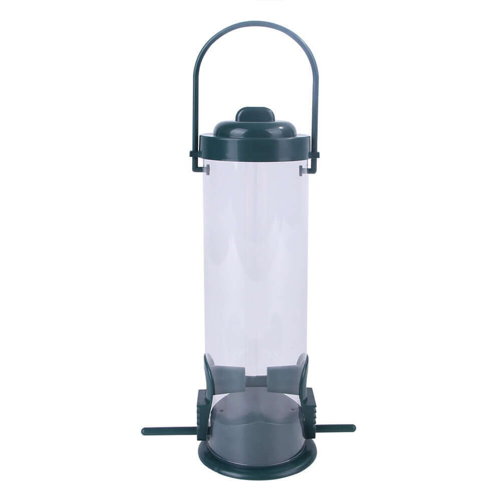 Distributeur de nourriture pour oiseaux suspendu en jardin, fabriqué en PVC durable et esthétique.