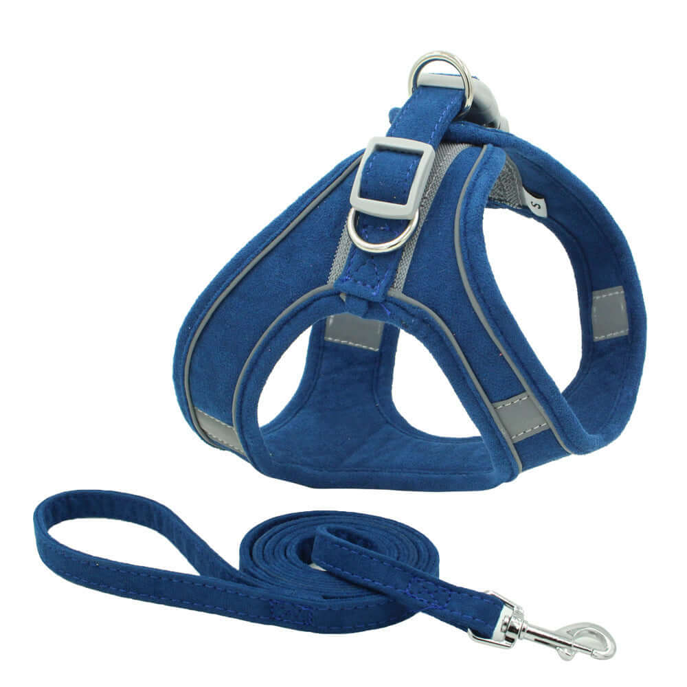 Harnais en suède pour animaux avec laisse assortie, conçu pour confort et sécurité lors des promenades.