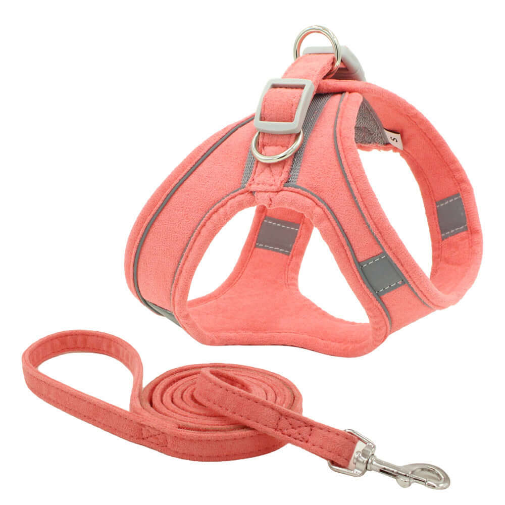 Harnais en suède rose pour petits animaux avec laisse assortie, confortable et réfléctant, parfait pour les promenades.