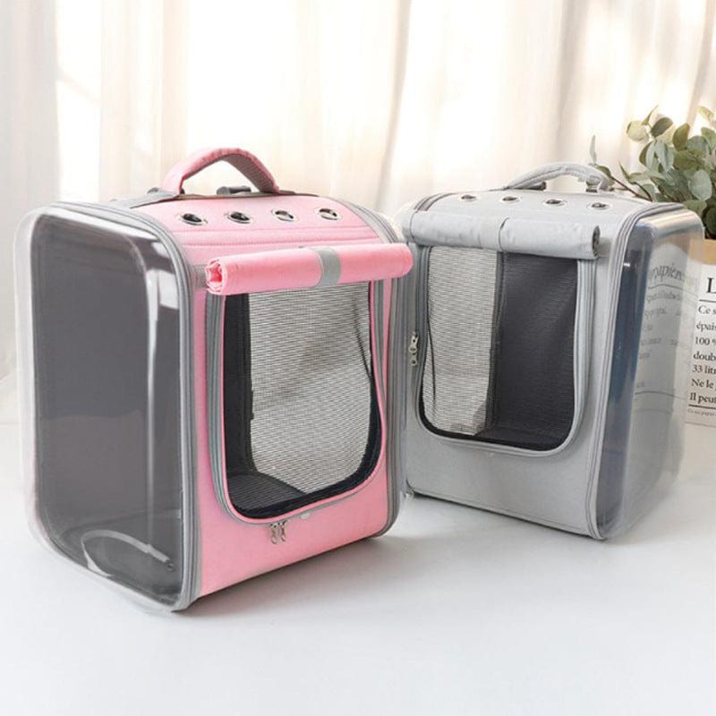 Sac à dos pour chat en forme de capsule spatiale, en PVC, rose et gris, avec filet pour ventilation.