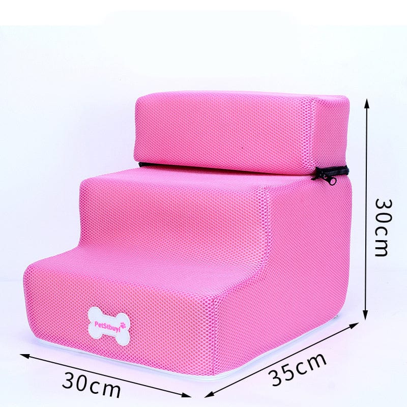 Escaliers pour chiens en mousse rose, personnalisables et confortables pour accéder facilement au canapé.