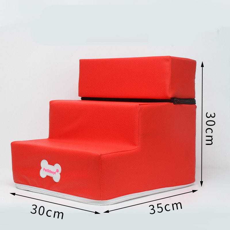 Escaliers pour chiens en cuir rouge, taille compacte pour un accès facile au canapé ou au lit.