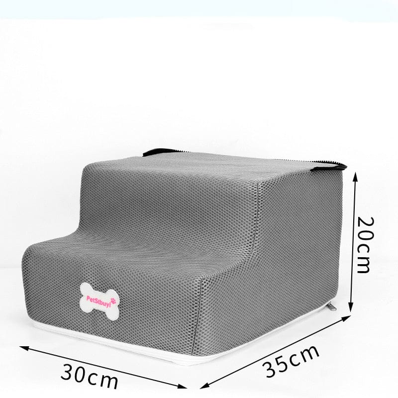 Escaliers pour chiens en imitation cuir avec dimensions, conçu pour un accès facile au canapé ou au lit.