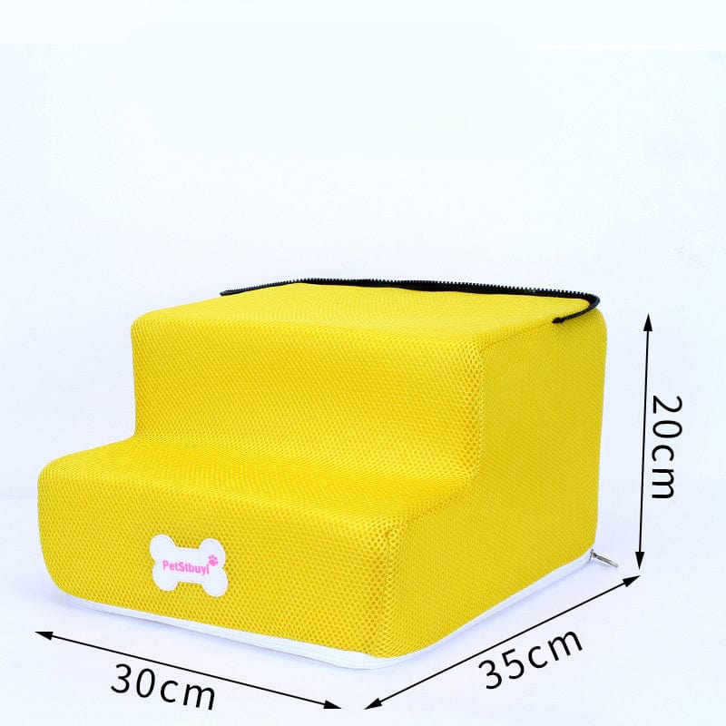 Escaliers pour chiens jaunes, en mousse confortable, mesurant 30x35x20 cm, offrant un accès facile aux meubles.