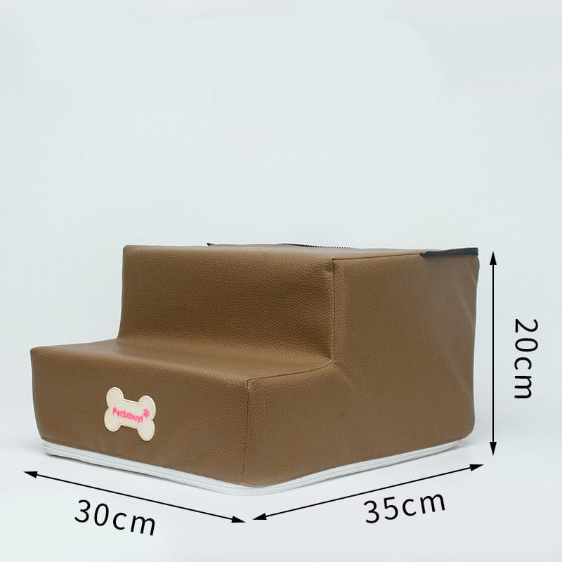 Escaliers pour chiens en imitation cuir marron, dimensions 30cm x 35cm x 20cm, personnalisable et confortable.