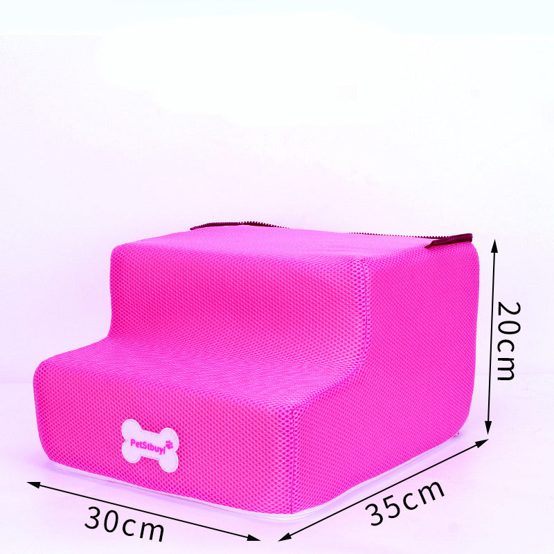 Escaliers pour chiens en mousse rose, dimensions 30x35x20 cm, facilitent l'accès à canapé ou lit.