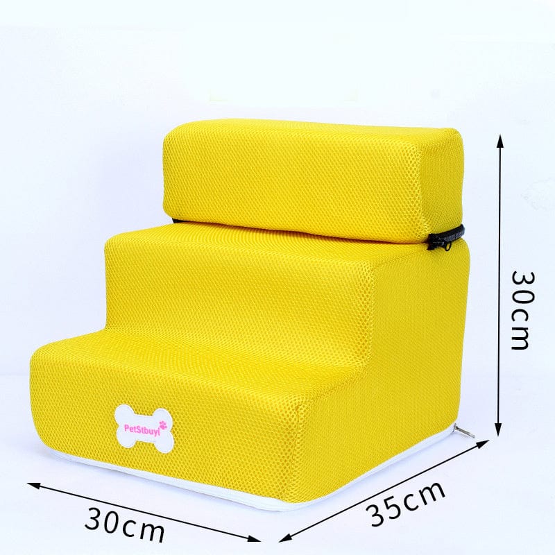 Escaliers pour chiens colorés en jaune, confortables et personnalisables pour un accès facile au canapé ou au lit.