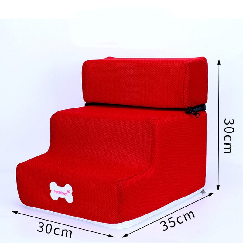 Escaliers pour chiens en rouge, confortables et personnalisables pour un accès facile au canapé ou au lit.