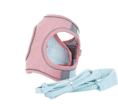 Laisse de traction respirante pour chats en rose et bleu, confort optimal pour promenades nocturnes.