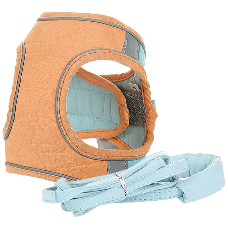 Laisse de traction respirante pour chats, orange et bleu, idéale pour les promenades nocturnes avec confort réfléchi.