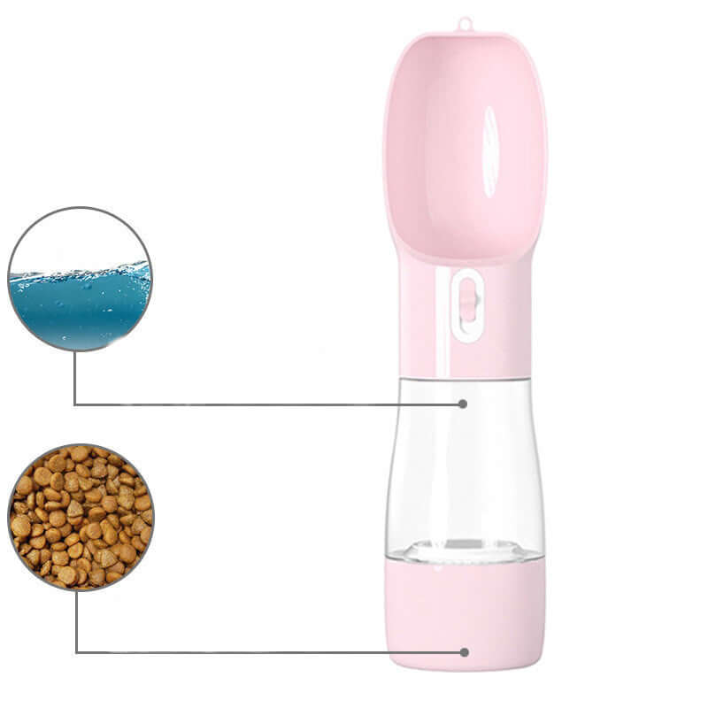 Bouteille d'eau portable pour chien en rose, avec distributeur étanche pour eau et nourriture.