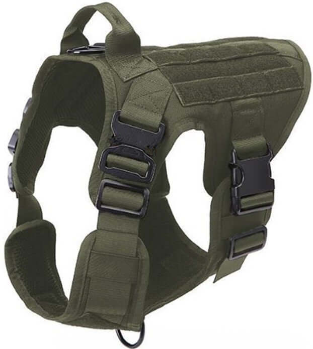 Harnais de sécurité tactique pour chien en nylon 1000D, vert, conçu pour la sécurité et le confort des animaux.