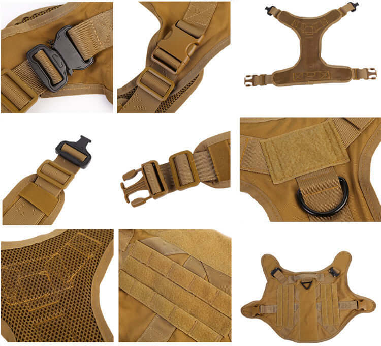 Détails des ceintures de sécurité tactiques pour chiens en nylon 1000D, montrant boucles et structure de harnais.