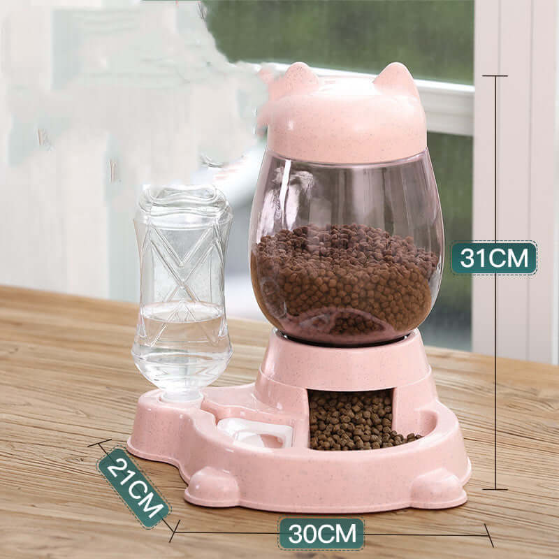 Distributeur automatique de nourriture et d'eau pour chats et chiens, avec réservoir de 2,2 L et capacité d'eau de 528 ml.