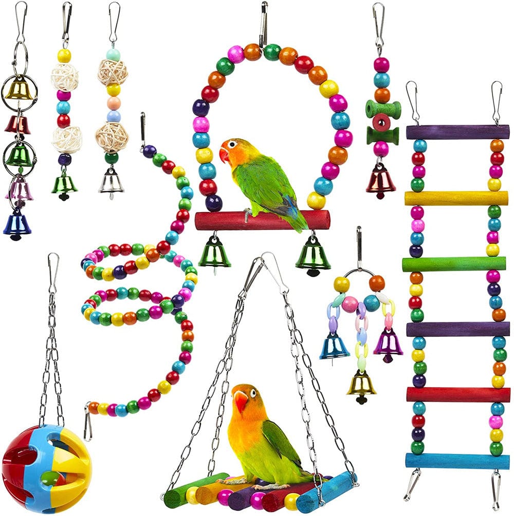 Jouet combiné pour perroquet - Set de 10 pièces en bois