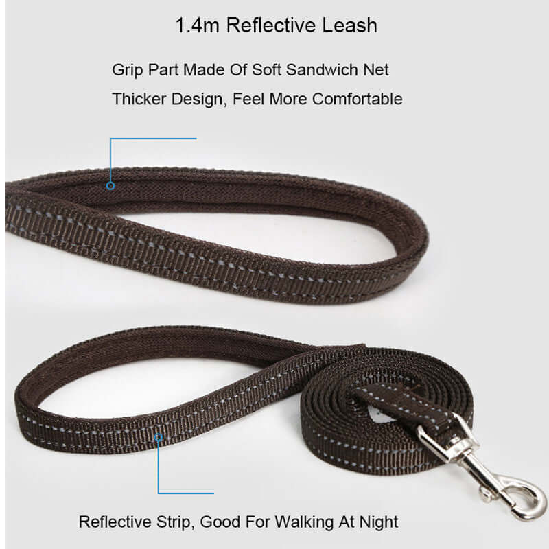 1.4m reflective dog leash made of soft sandwich net for comfort and safety during nighttime walks.