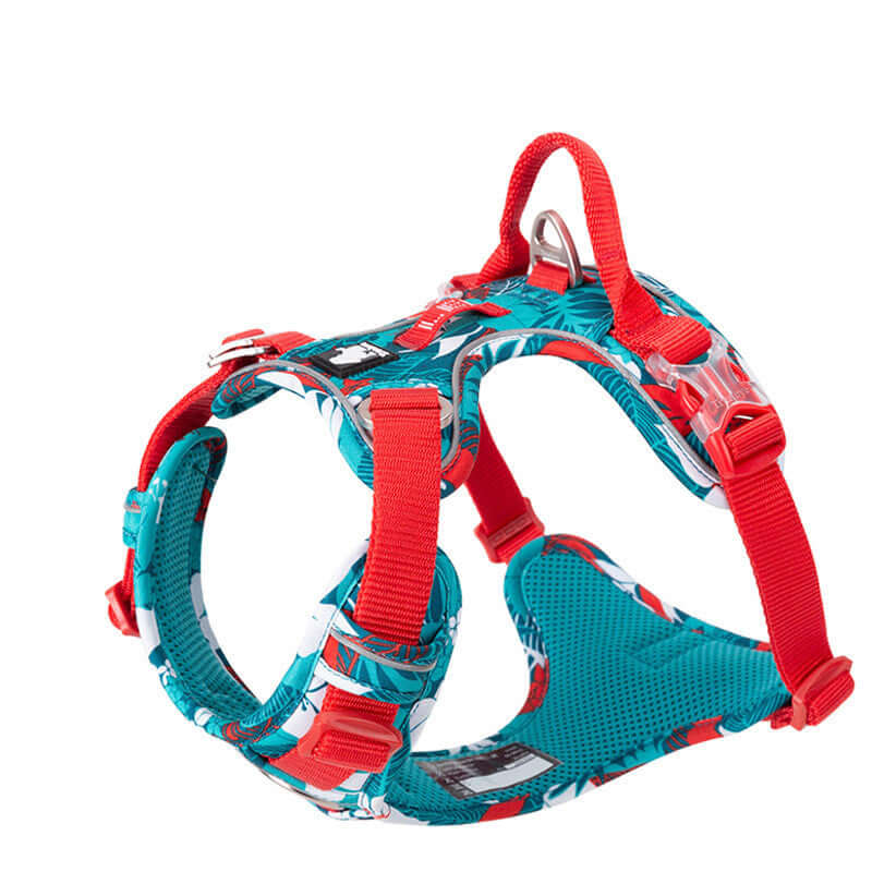 Harnais ajustable en style gilet pour chiens, conçu pour le confort et la sécurité lors des promenades.