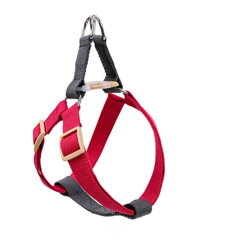 Harnais de sécurité pour chien en rouge et noir, conçu pour un maintien confortable et sécurisé.