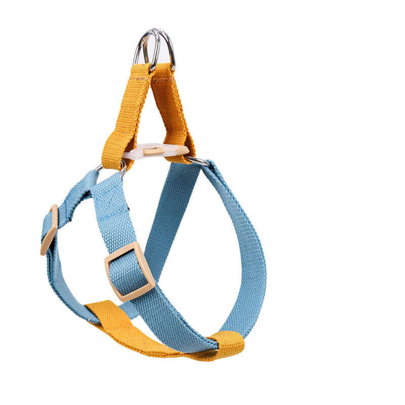 Harnais de sécurité pour chien en coton bleu et orange, adapté aux promenades confortables.
