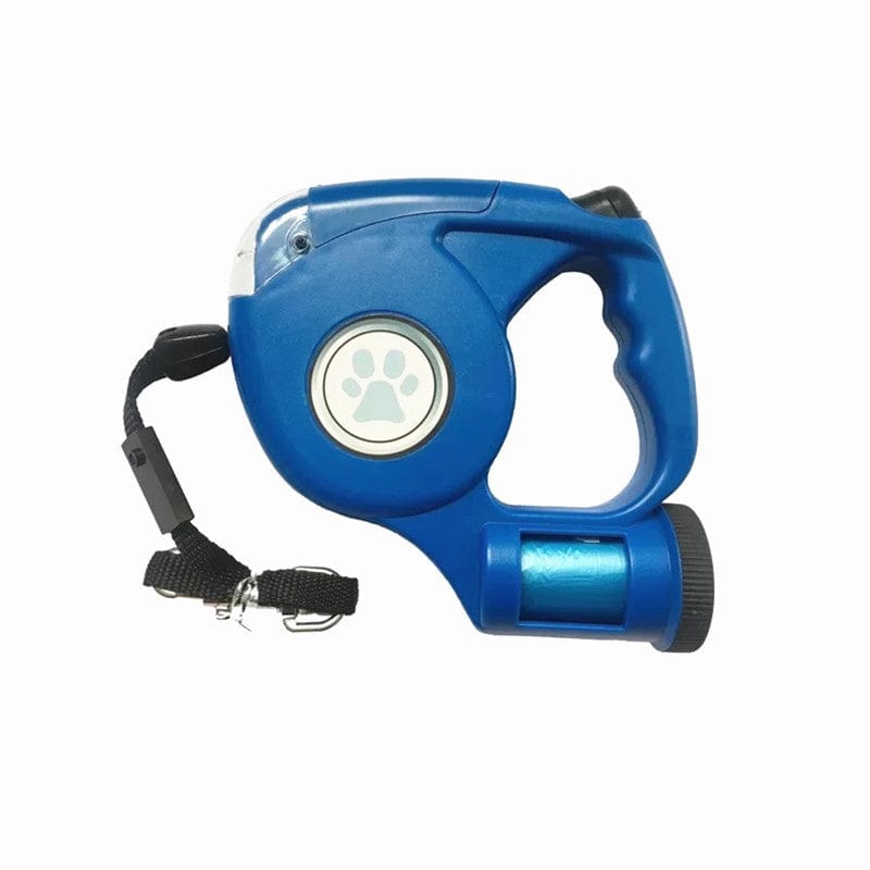 Laisse pour chien rétractable bleue avec sangle durable et bouton de verrouillage.