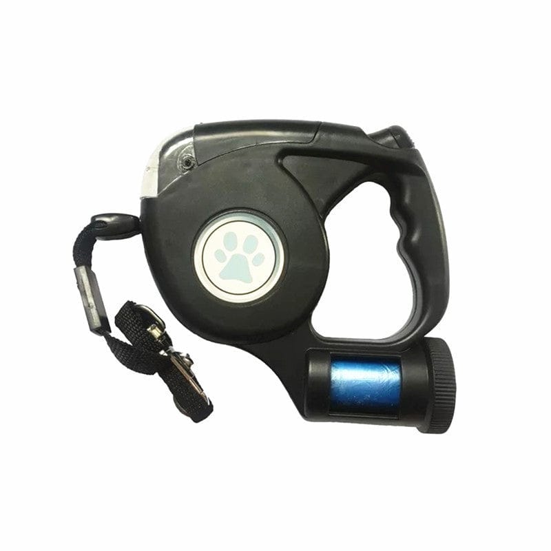 Laisse à enrouleur pour chien avec lumière LED et dispositif de sac à déchets, design pratique et durable.