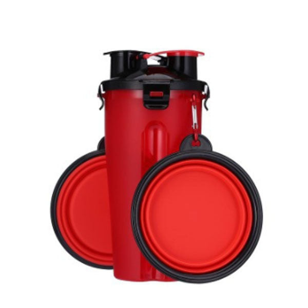 Gourde portable rouge pour chien avec bols pliables, idéale pour l'hydratation lors des sorties.