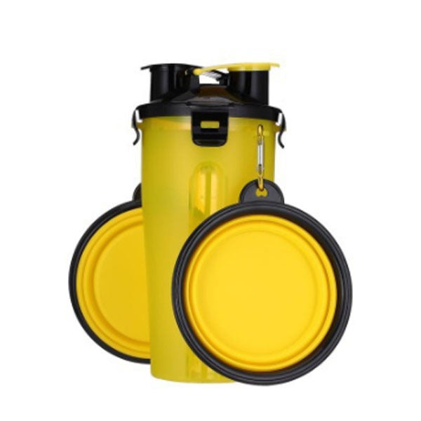 Gourde portable pour chien jaune avec bols pliables, idéale pour l'hydratation lors des sorties.
