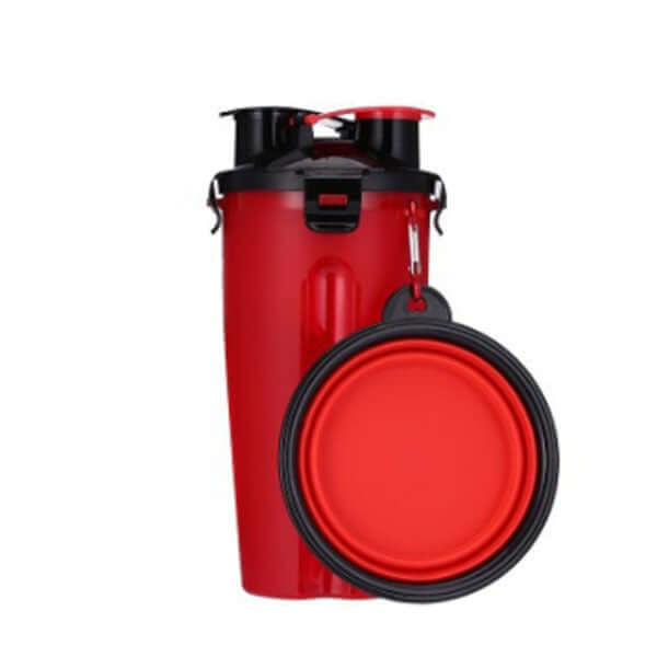 Gourde portable rouge pour chien avec bols pliables pour hydratation en extérieur.