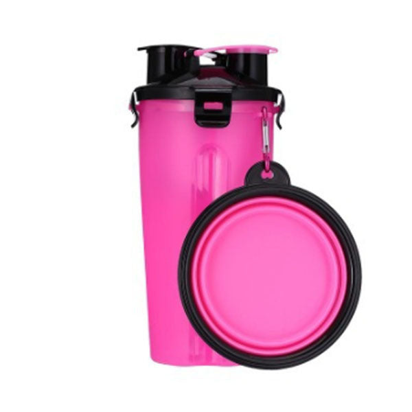 Gourde portable rose pour chien avec bol pliable, pratique pour les aventures extérieures.