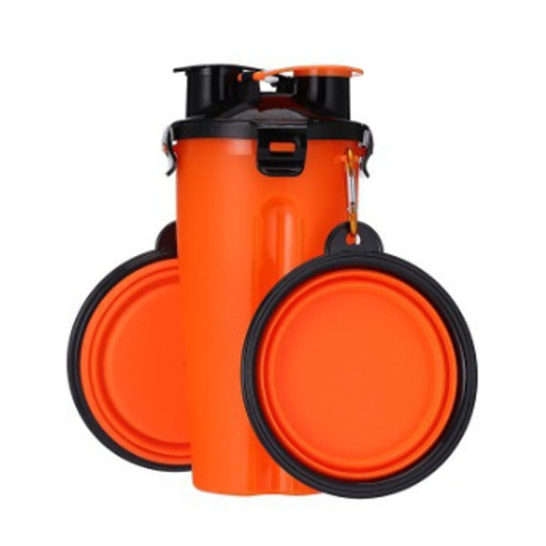 Gourde portable orange pour chien avec bols pliables pour hydratation en extérieur.