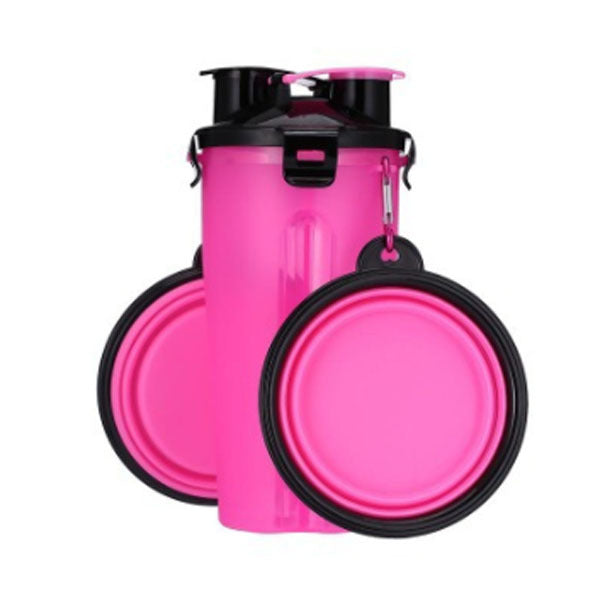 Gourde portable pour chien rose avec bols pliables, idéale pour les sorties avec votre compagnon à quatre pattes.