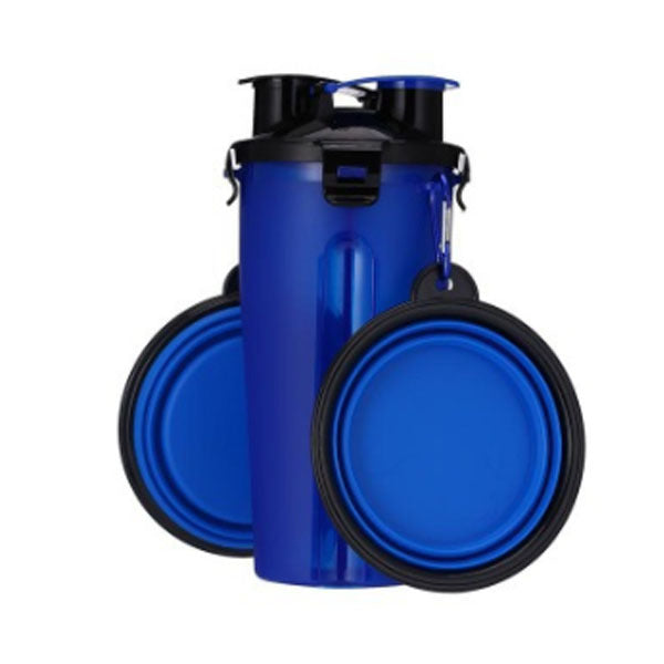 Gourde portable pour chien avec bols pliables, design durable et ergonomique en bleu.