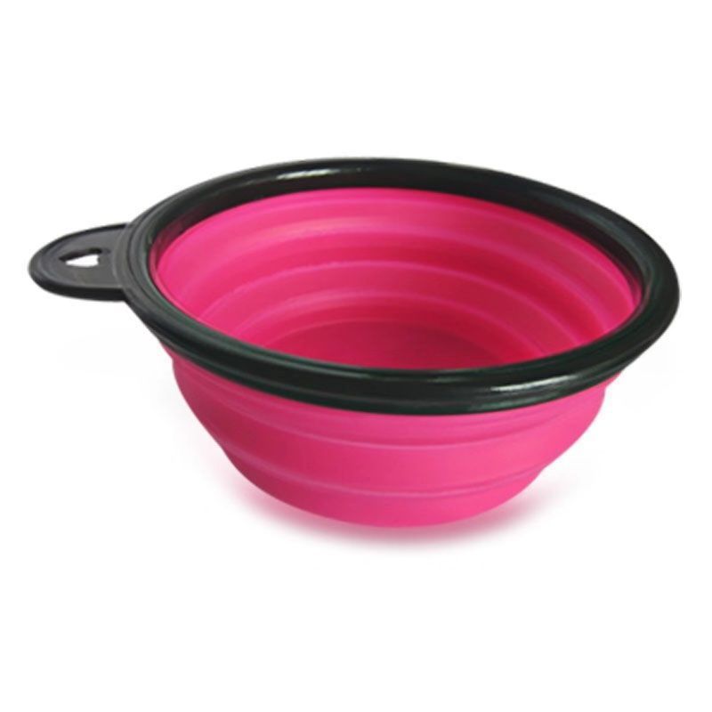 Bowl pliable rose pour chiens, facile à transporter pour une hydratation pratique en extérieur.