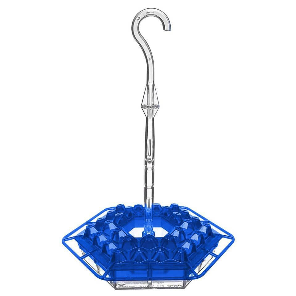 Voleur de colibris hexagonal bleu avec crochet, parfait pour attirer les colibris dans le jardin.