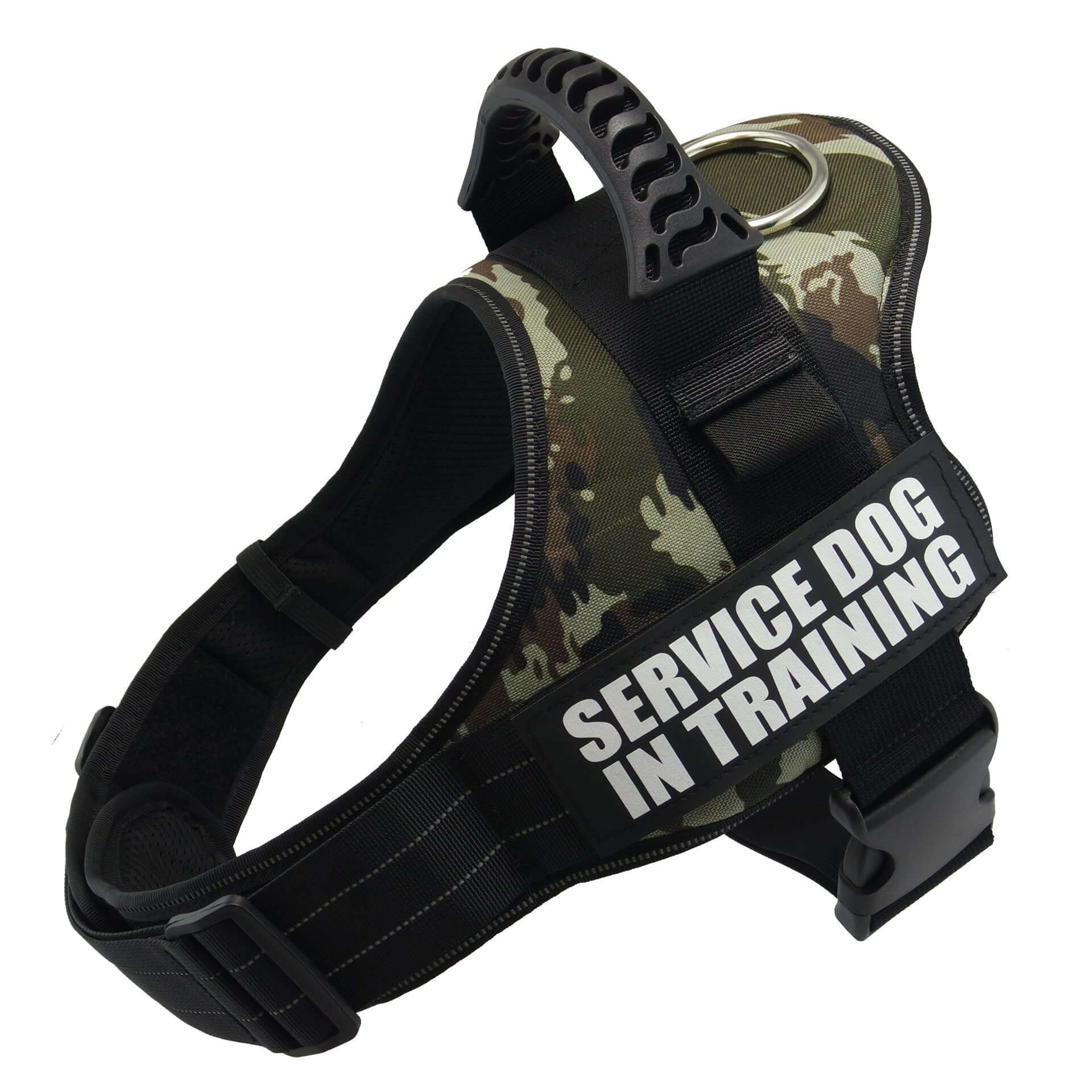 Harnais de service pour chien avec inscription 'Service Dog in Training' en camouflage.
