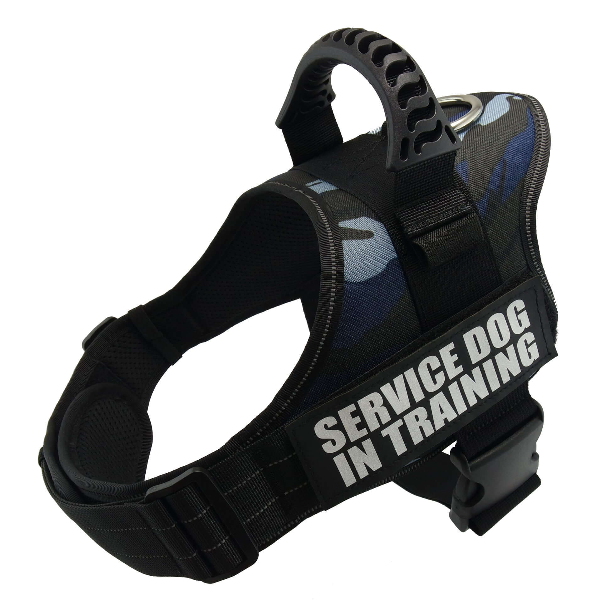Harnais noir pour chien avec inscription 'SERVICE DOG IN TRAINING', conçu pour le confort et la sécurité.