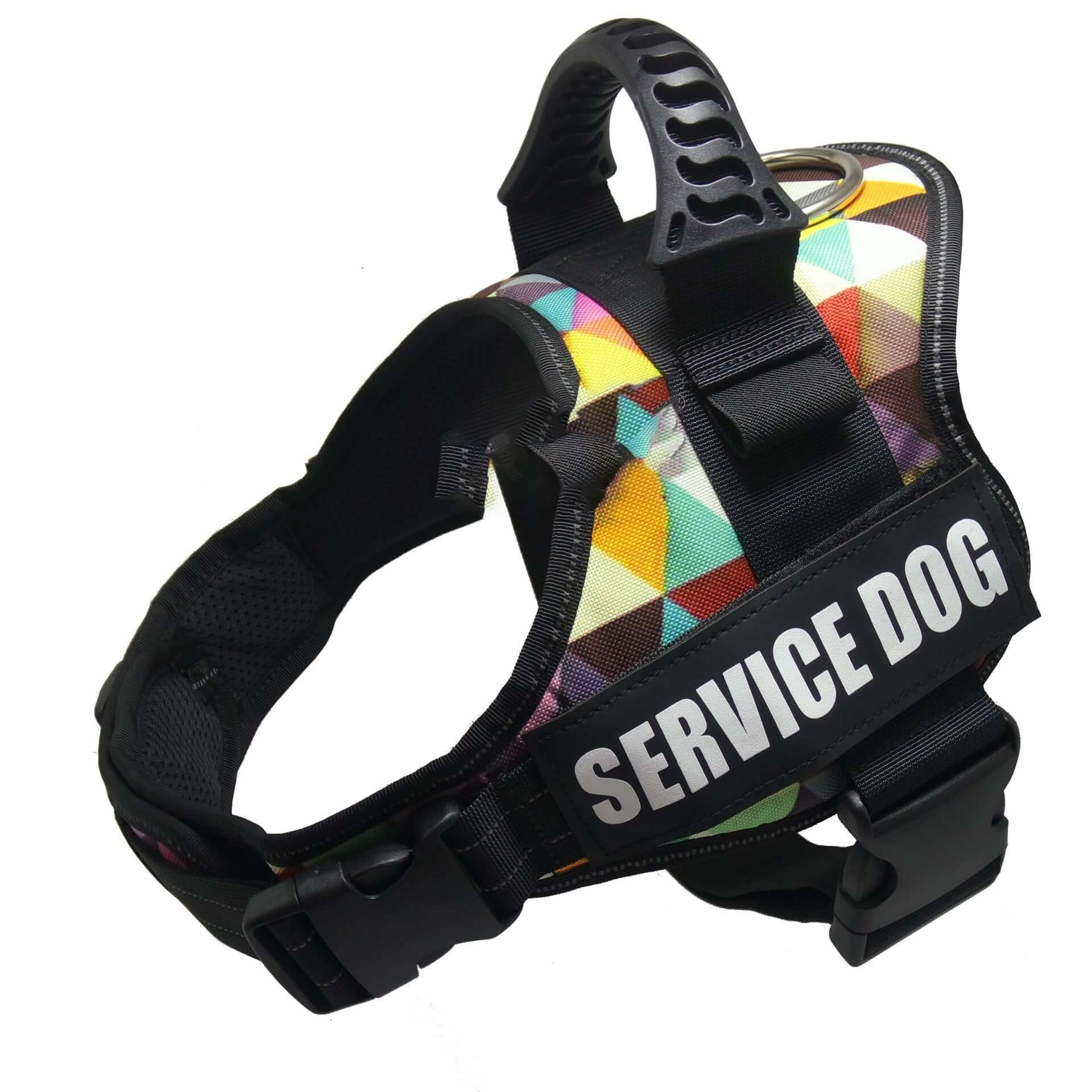 Harnais ajustable pour chien avec inscription SERVICE DOG et motif coloré, conçu pour confort et sécurité.