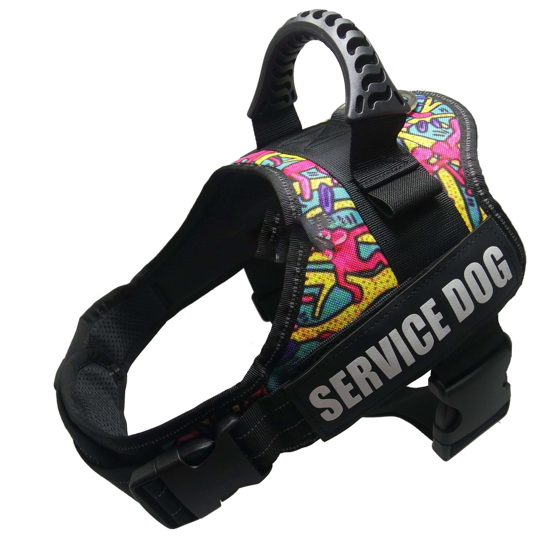 Harnais réflechissant ajustable pour chien avec motif coloré et inscription 'SERVICE DOG'.