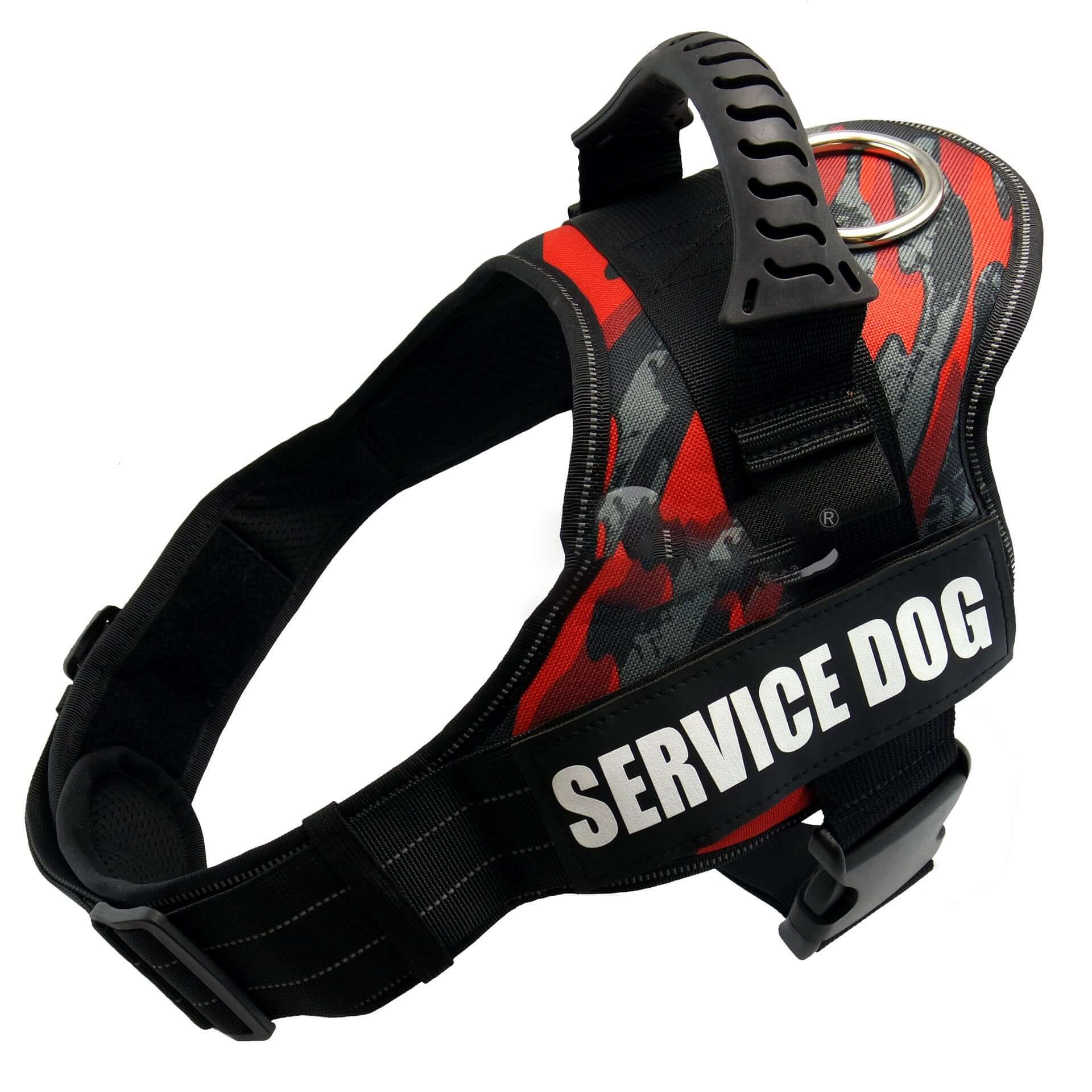 Harnais ajustable pour chien de service avec motif camouflage et inscription SERVICE DOG, conçu pour confort et sécurité.