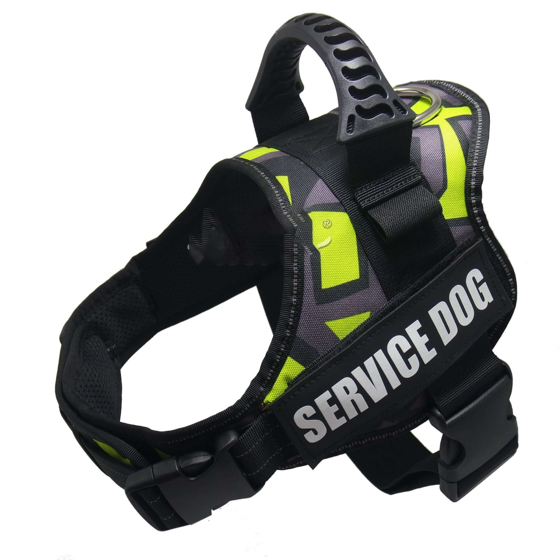 Harnais ajustable pour chien avec étiquette 'SERVICE DOG', conçu pour confort et sécurité.