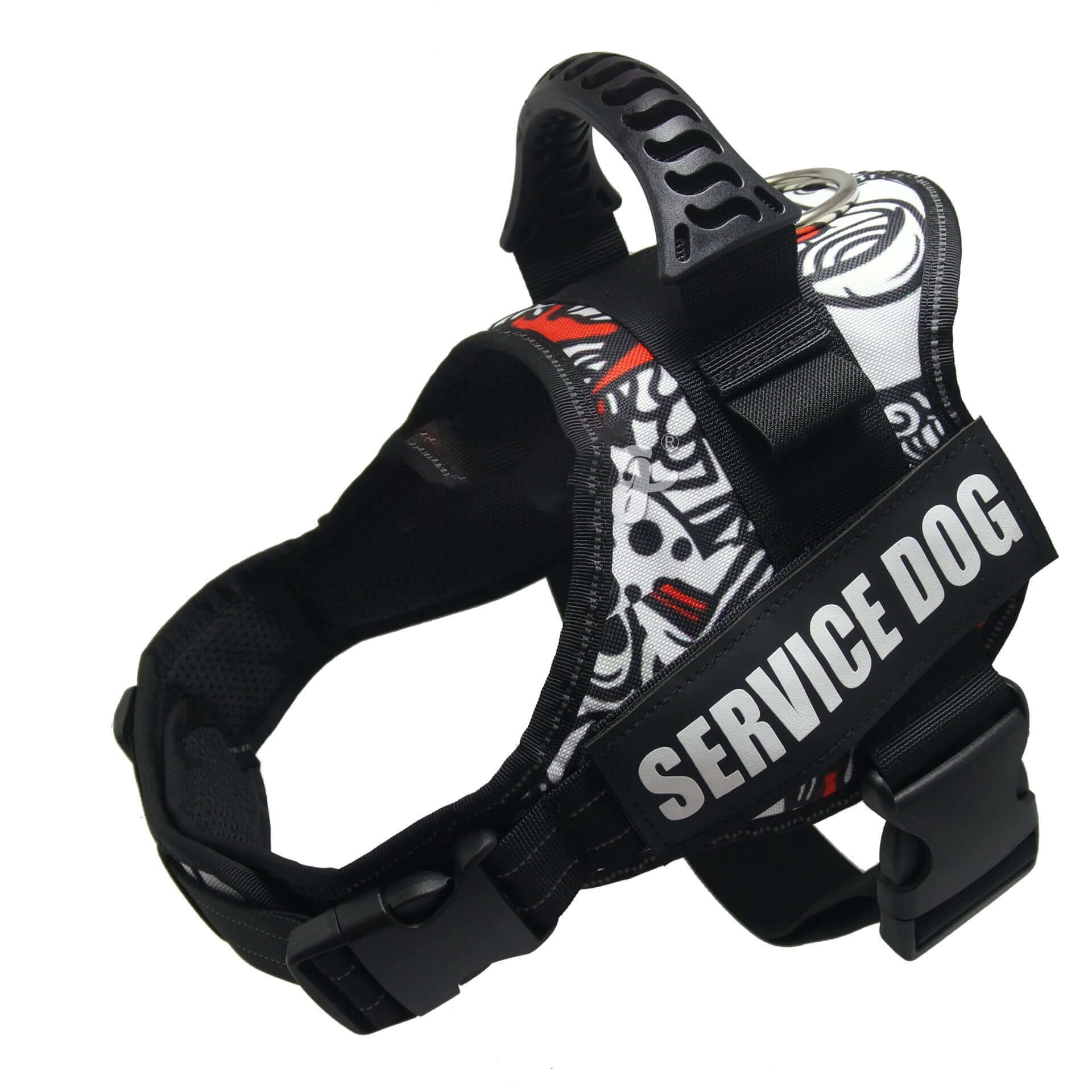 Harnais ajustable pour chien avec étiquette 'SERVICE DOG', en nylon durable et design coloré.