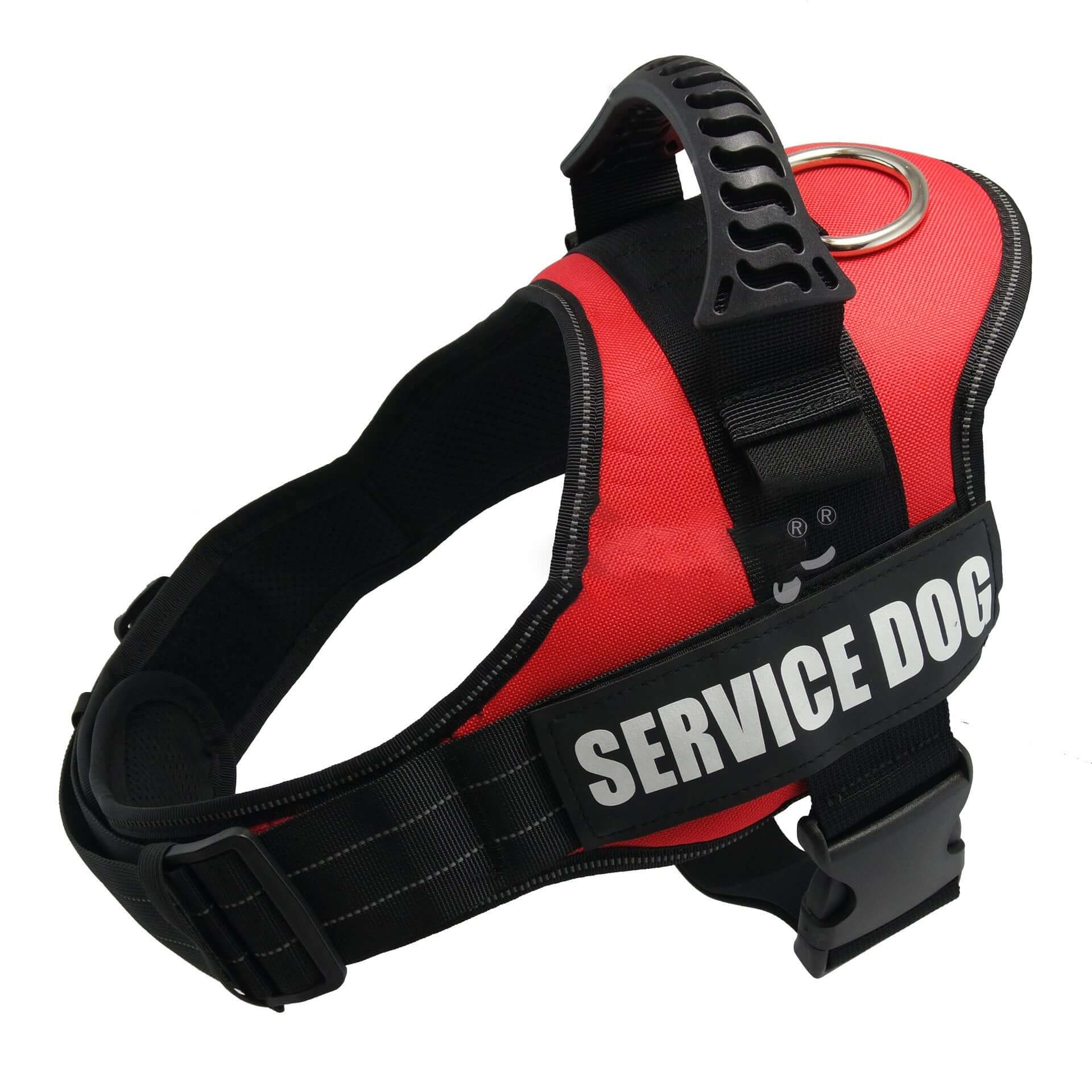 Harnais ajustable rouge pour chien avec inscription 'SERVICE DOG' et poignée de transport