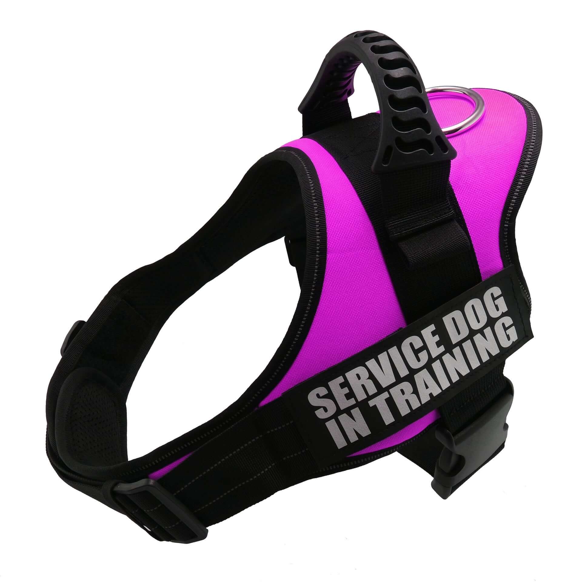 Harnais ajustable rose pour chien avec inscription 'Service Dog in Training', idéal pour le confort et la sécurité.