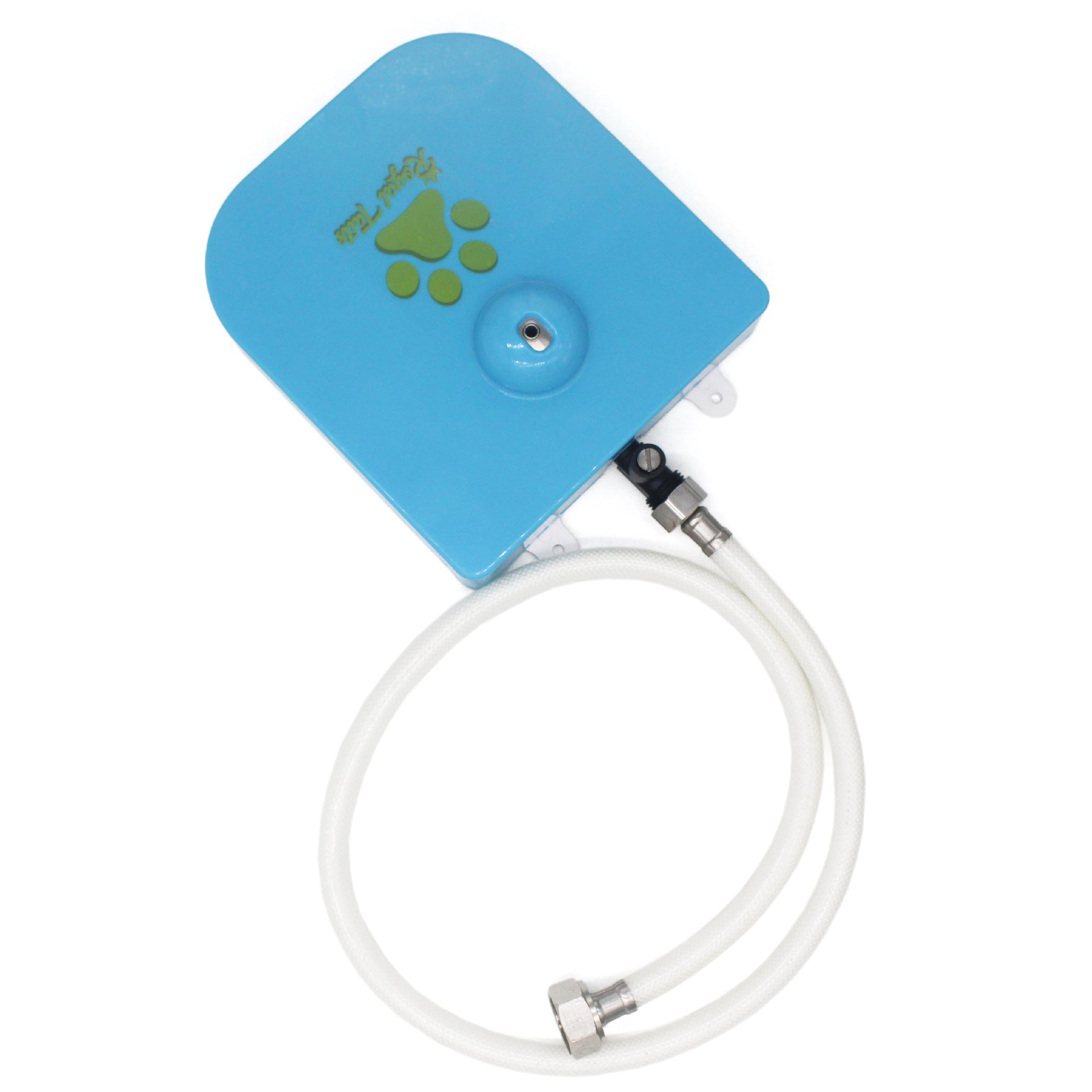 Distributeur d'eau automatique intelligent pour animaux avec tuyau, couleur bleue, activation facile par patte de chien.