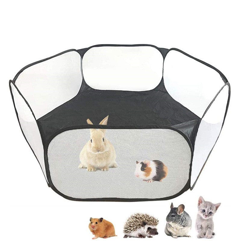 Parc à jeux portable pour petits animaux avec mailles transparentes, idéal pour rongeurs et chatons.