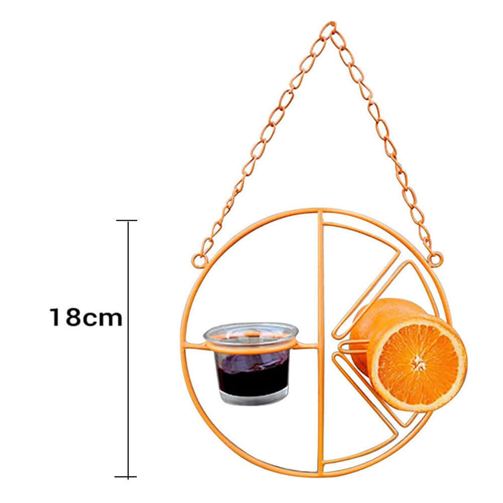 Distributeur d'eau et de nourriture pour oiseaux orange, design fonctionnel, idéal pour le jardin, 18 cm de hauteur.