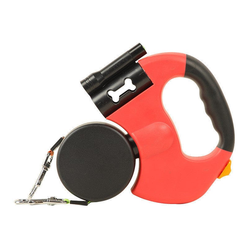 Sangle de traction télescopique automatique rouge avec lumière, idéale pour les chiens et les situations d'urgence.