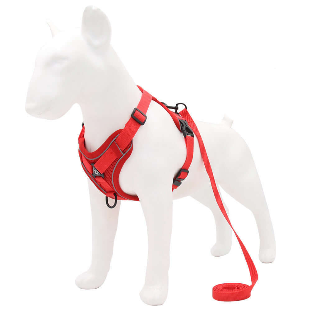 Harnais en nylon rouge pour chien avec laisse, offrant sécurité et confort pour les promenades nocturnes.
